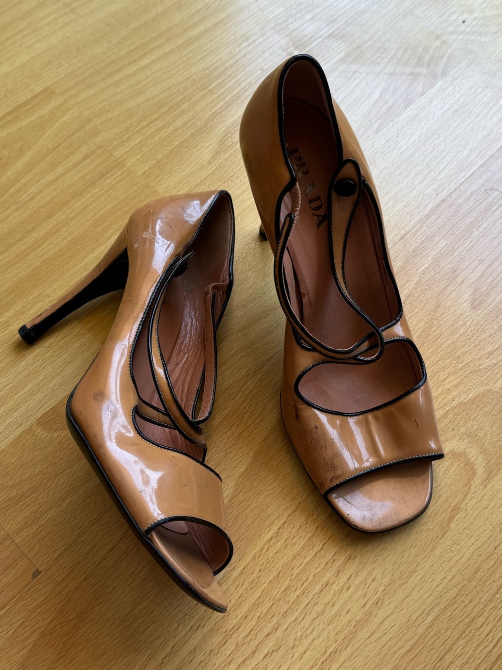 Vintage Prada tan leather peep toe heels